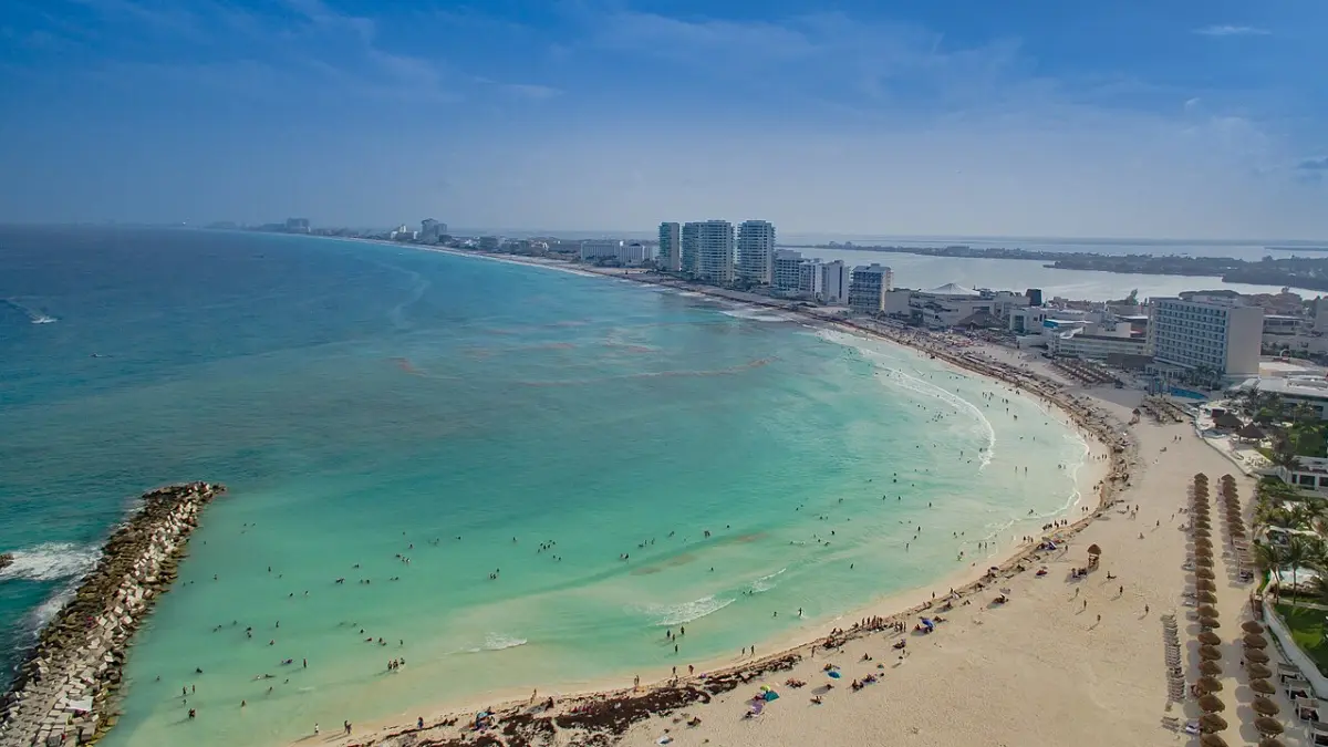 Cancún beach and hotels from above